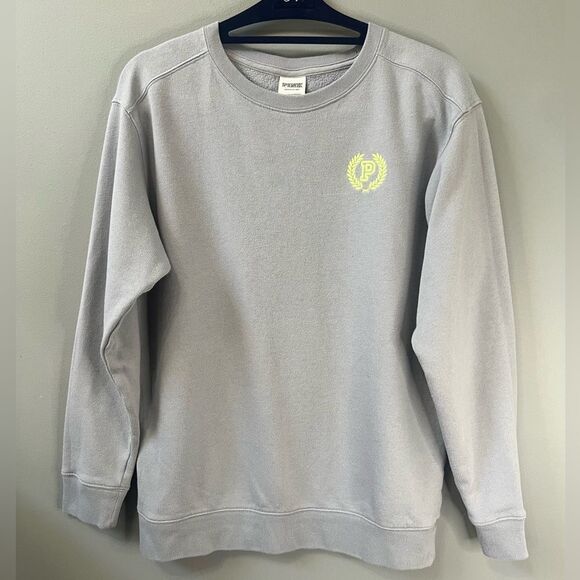 PINK Victoria's Secret Gray Crewneck Sweatshirt with Green Logo Sz Small - Picture 2 of 8